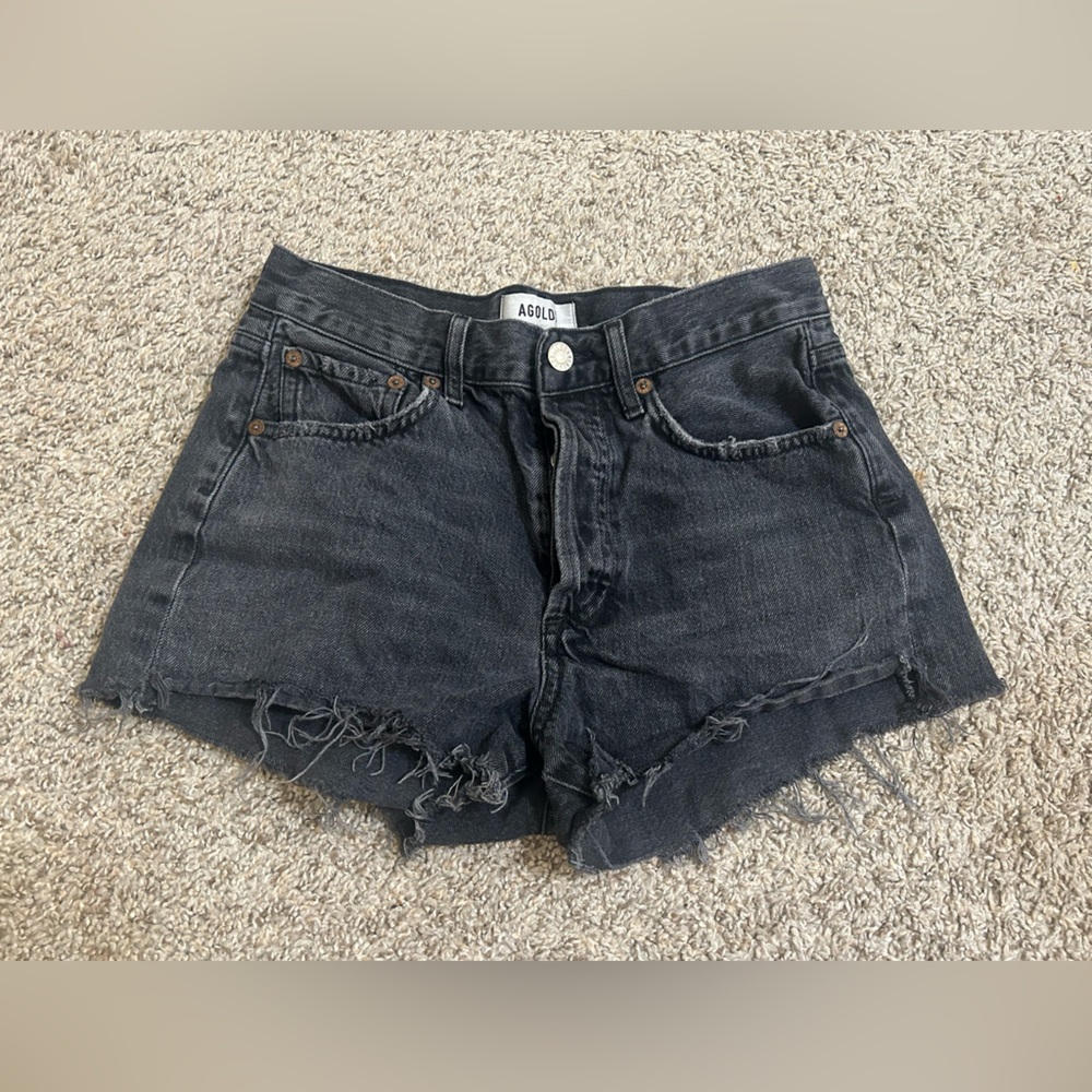 Agolde Black Frayed Parker Denim Shorts Cotton Button Rise Women's Jean Size 24